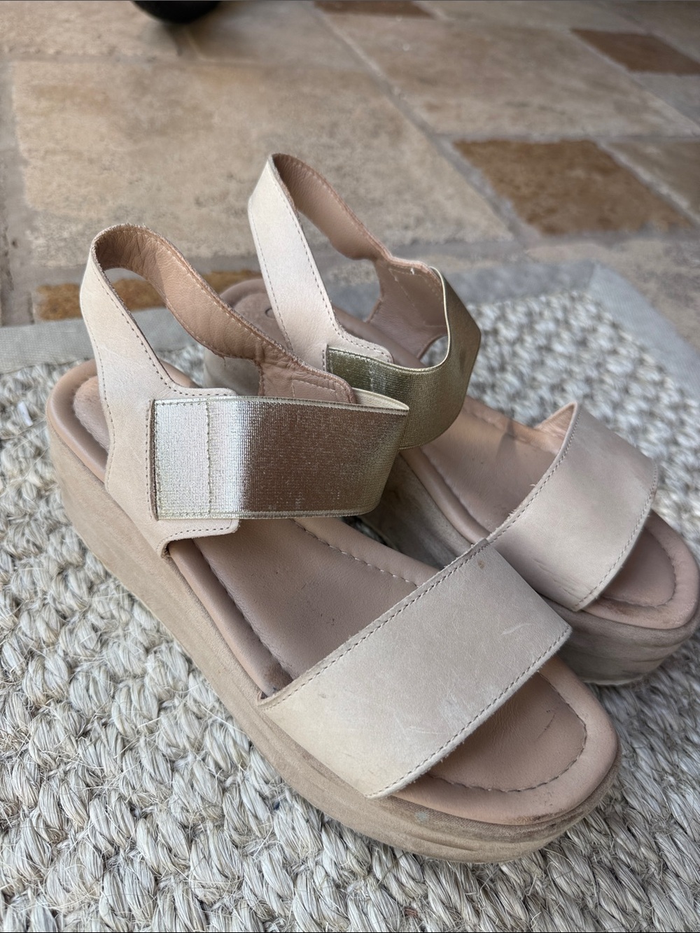 Cordani Beige and Gold Elastic Strap Platform Sandals